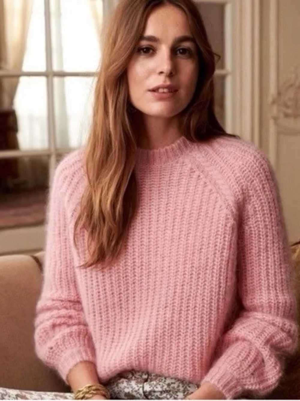Sezane Soft Pink Ribbed Knit Crewneck Sweater